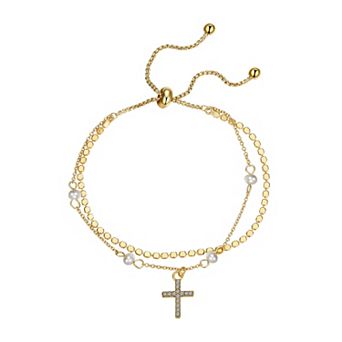 Gratitude & Grace 14k Gold Plated Crystal & Freshwater Cultured Pearl Cross Double Strand Adjustable Bracelet