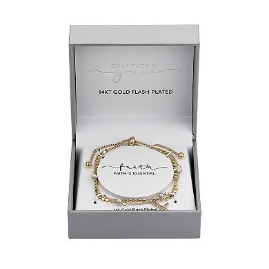 Gratitude & Grace 14k Gold Plated Crystal & Freshwater Cultured Pearl Cross Double Strand Adjustable Bracelet