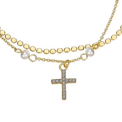 Gratitude & Grace 14k Gold Plated Crystal & Freshwater Cultured Pearl Cross Double Strand Adjustable Bracelet