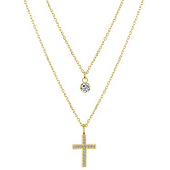 Gratitude & Grace 14k Gold Plated Cubic Zirconia Cross and Bezel Layered Pendant Necklace
