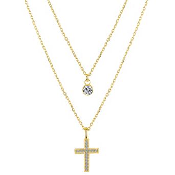 Gratitude & Grace 14k Gold Plated Cubic Zirconia Cross and Bezel Layered Pendant Necklace