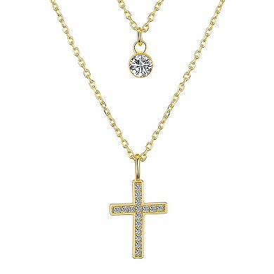 Gratitude & Grace 14k Gold Plated Cubic Zirconia Cross and Bezel Layered Pendant Necklace