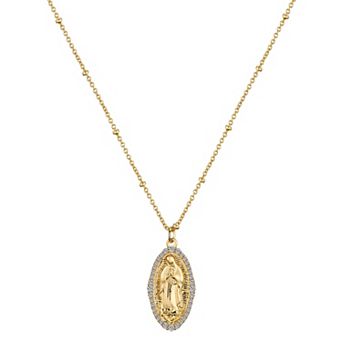 Gratitude & Grace 14k Gold Plated Cubic Zirconia Border Virgin Mary Pendant Necklace