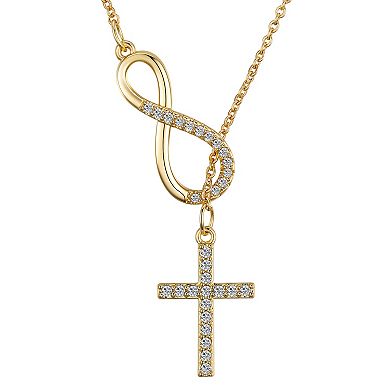 Gratitude & Grace 14k Gold Plated Cubic Zirconia Infinity Symbol & Cross Lariat Necklace