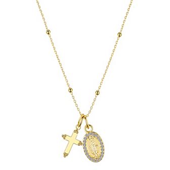 Gratitude & Grace 14k Gold Plated Crystal Cross & Virgin Mary Pendant Necklace