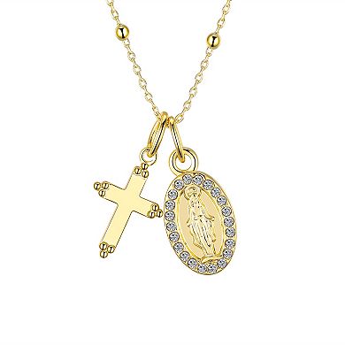 Gratitude & Grace 14k Gold Plated Crystal Cross & Virgin Mary Pendant Necklace