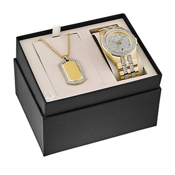 Bulova Men's Gold Tone Stainless Steel Crystal Accent Bracelet Watch & Crystal Accent Dog Tag Necklace Box Set