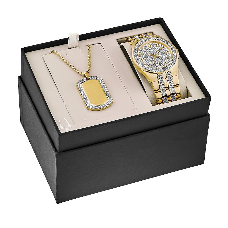 Bulova Men's Gold Tone Stainless Steel Crystal Accent Bracelet Watch & Crystal Accent Dog Tag Necklace Box Set, Size: 42MM