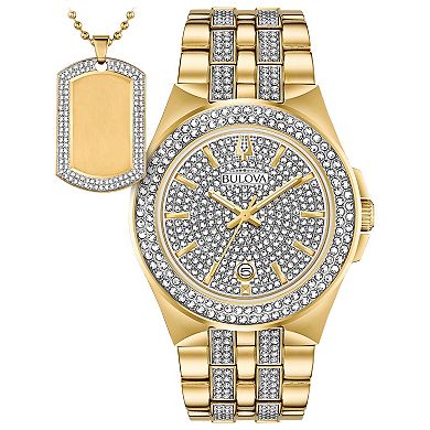 Bulova Men's Gold Tone Stainless Steel Crystal Accent Bracelet Watch & Crystal Accent Dog Tag Necklace Box Set