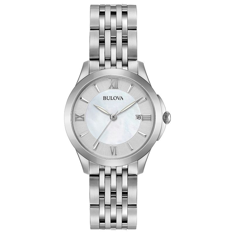 Bulova Women's Classic Stainless Steel Mother Of Pearl Roman Accent Dial Bracelet Watch - 96M151, Size: 28 mm, Silver