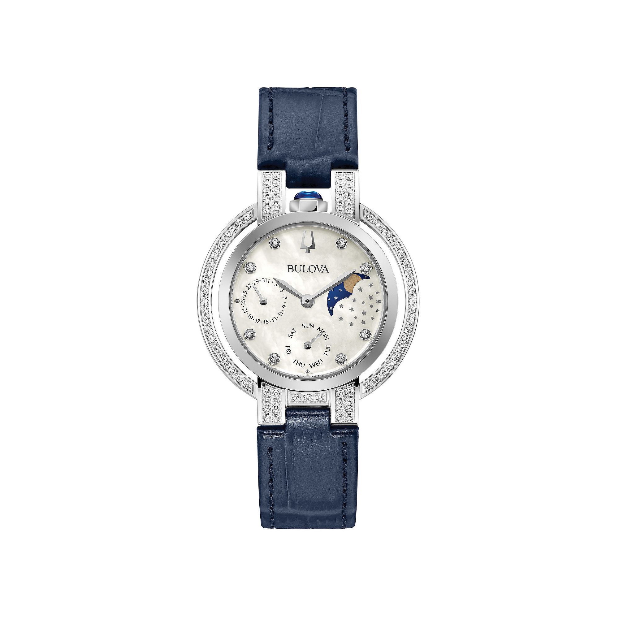 Bulova Womens Rubaiyat Stainless Steel Diamond Accent Blue Leather Strap W