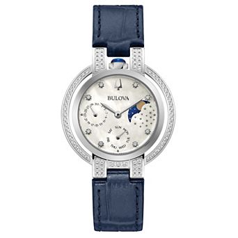 Bulova Women's Rubaiyat Stainless Steel Diamond Accent Blue Leather Strap Watch - 96R237