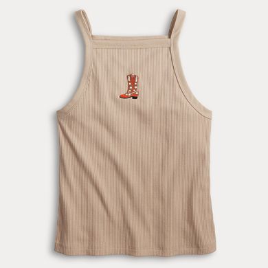 Juniors' SO Ribbed Embroidered Squareneck Graphic Tank Top