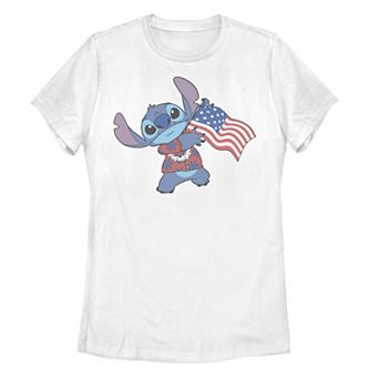 Disney's Lilo & Stitch Hawaiian Shirt Holding USA Flag Stitch Juniors' Graphic Tee