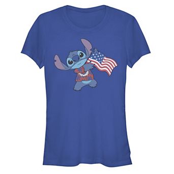 Disney's Lilo & Stitch Hawaiian Shirt Holding USA Flag Stitch Juniors' Graphic Tee