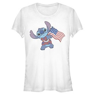 Disney's Lilo & Stitch Hawaiian Shirt Holding USA Flag Stitch Juniors' Graphic Tee
