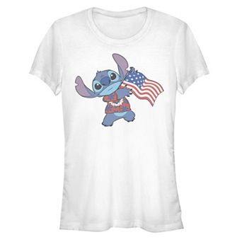 Disney's Lilo & Stitch Hawaiian Shirt Holding USA Flag Stitch Juniors' Graphic Tee