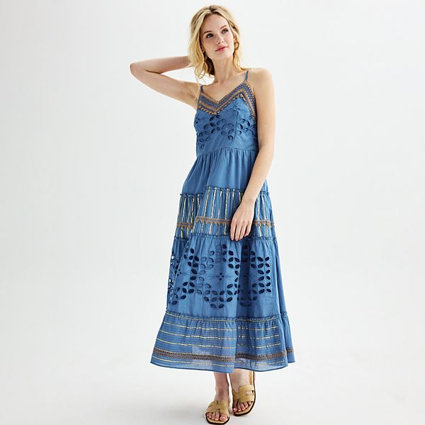 Women's Farmers Market Sleeveless Tiered Slip Dress With Crochet Trim