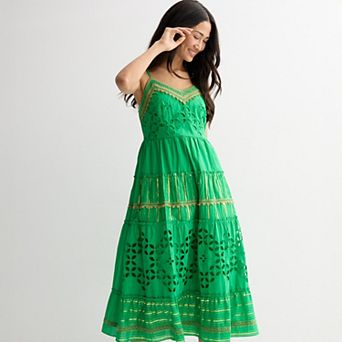 Women's Farmers Market Sleeveless Tiered Slip Dress With Crochet Trim