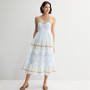 Women's Farmers Market Sleeveless Tiered Slip Dress With Crochet Trim