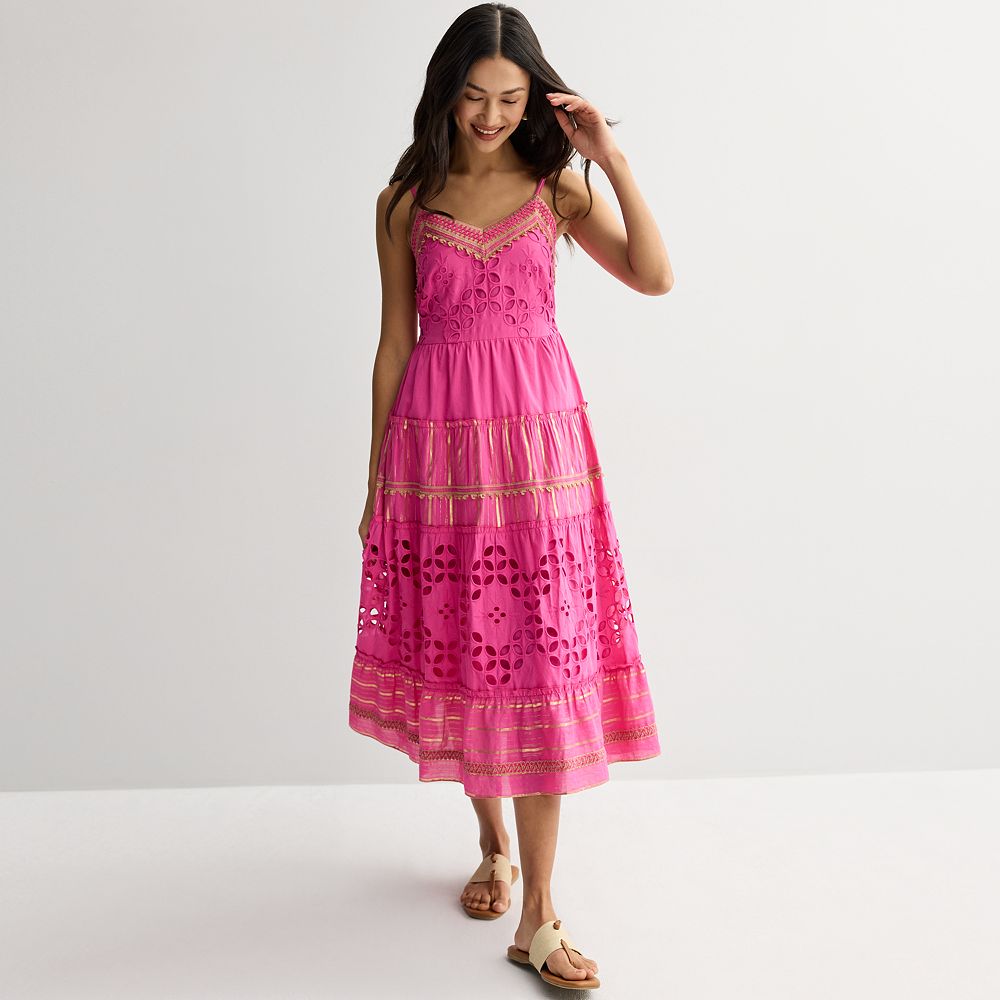 Women's Farmers Market Sleeveless Tiered Slip Dress With Crochet Trim