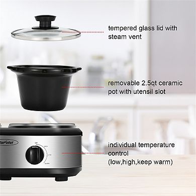 3-qt. Silver Small Portable Double Slow Cooker For Buffet Kitchen