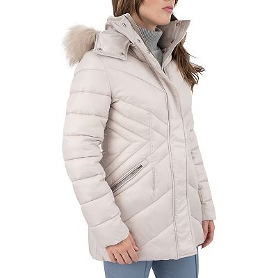 Women s Nine West Detachable Faux Fur Hooded Short Quilted Puffer Coat