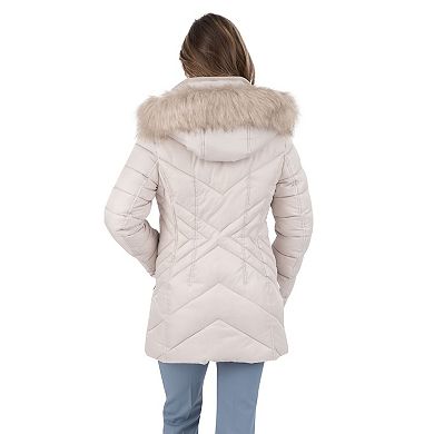 Women's Nine West Detachable Faux-Fur Hooded Short Quilted Puffer Coat