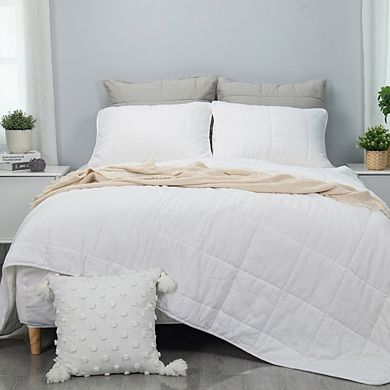 Washed Linen Blend Box Stitch Quilt & Pillow Shams Set, 3 Pcs