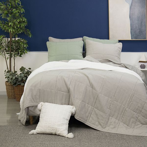 Washed Linen Blend Box Stitch Quilt & Pillow Shams Set, 3 Pcs