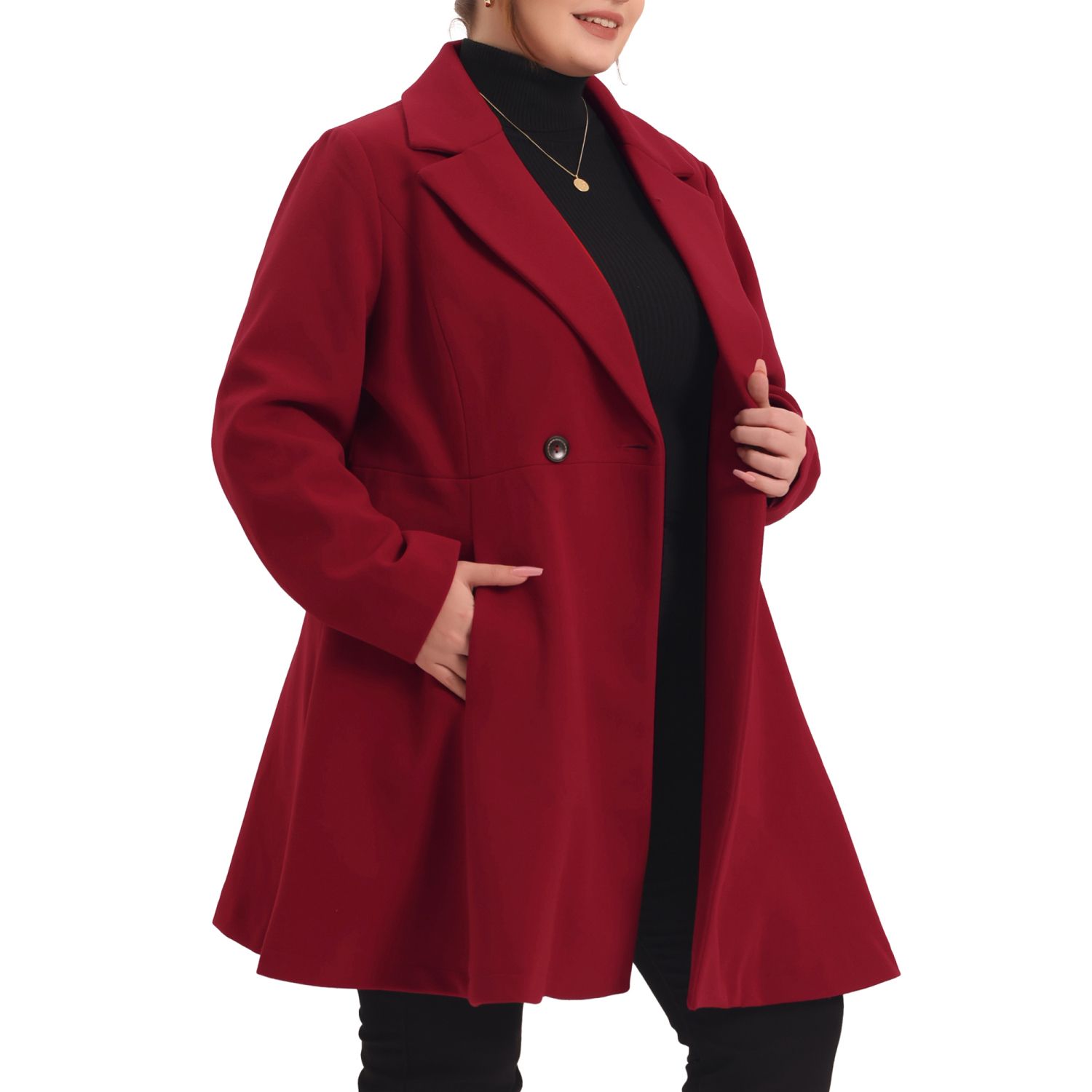 Agnes Orinda Women's Plus Size Notched Lapel Single Breasted Winter Long  Pea Coat Hot Pink 1X