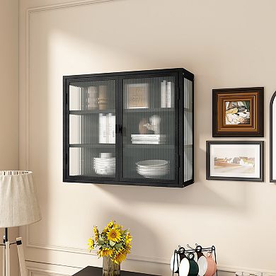 27.56" Modern Two-glass-door Wall Cabinet Featuring Three-tier Storage(iron+tempered/ordinary Glass)