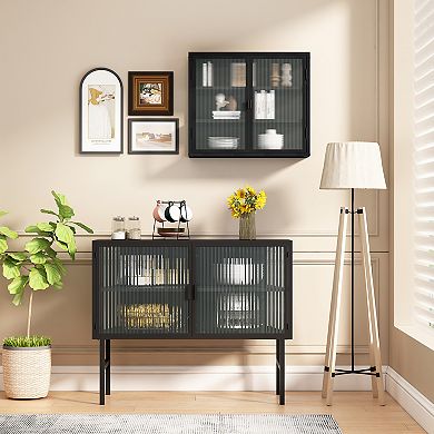 27.56" Modern Two-glass-door Wall Cabinet Featuring Three-tier Storage(iron+tempered/ordinary Glass)