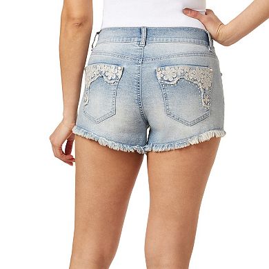 Juniors' WallFlower Lacey High Waisted Frayed Denim Shorts