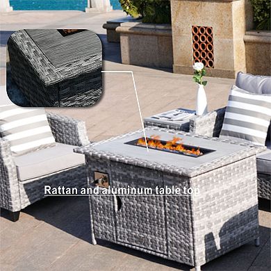 4-Seat Patio Gray Wicker Conversation Sofa Set with 25.59"H Gas Fire Pit Table&Side Table