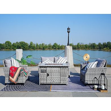 4-Seat Patio Gray Wicker Conversation Sofa Set with 25.59"H Gas Fire Pit Table&Side Table