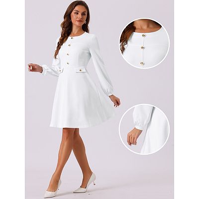 Crew Neck Office Contrast Button Decor Long Sleeve Dress White XL