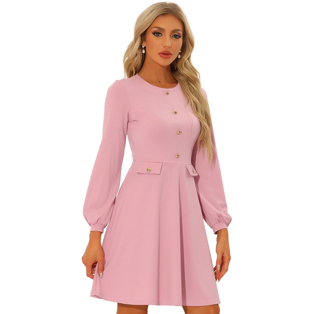 Crew Neck Office Contrast Button Decor Long Sleeve Dress, Pink / Xs