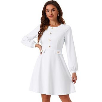 Work Office Dress For Women's Contrast Button Decor Long Sleeve Dresses