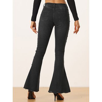 Women s Bell Bottom Jeans Beaded Raw Hem Casual Denim Pants