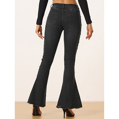 Women's Bell Bottom Jeans Beaded Raw Hem Casual Denim Pants