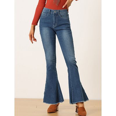 Women s Bell Bottom Jeans Beaded Raw Hem Casual Denim Pants