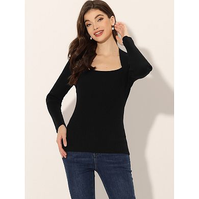 Women's Square Neck Sweater Long Sleeve Slim Fit Ribbed Knit Tops
