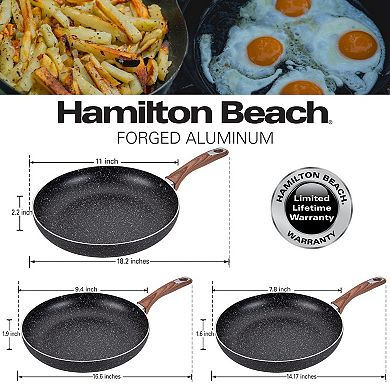 Hamilton Beach 3pc Nonstick Alum Marble Fry Pan Set With Induction Bottom, Black, 8,9.5,11 Inches