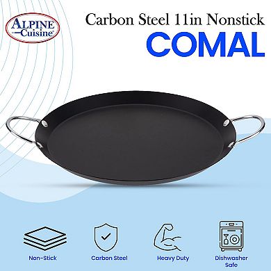 Alpine Cuisine Nonstick Round Comal 11-inch - Black Carbon Steel Tortilla Comal With Double Handle