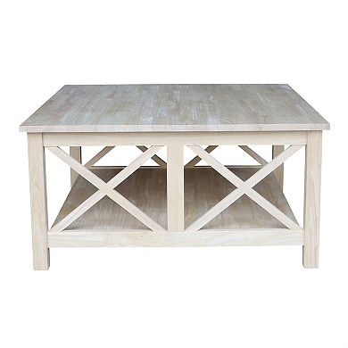 Square Unfinished Solid Wood Coffee Table With Bottom Shelf