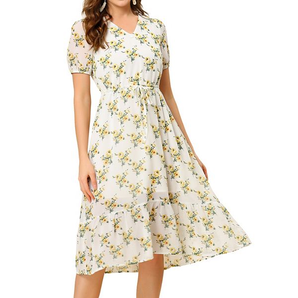 Women's Ruffle Hem V Neck Drawstring Waist A-Line Floral Midi Dress