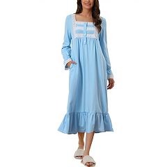 cheibear Women's Sleepshirt Pajama Dress Long Sleeves with Pockets Henley  Lounge Nightgown Blue Large