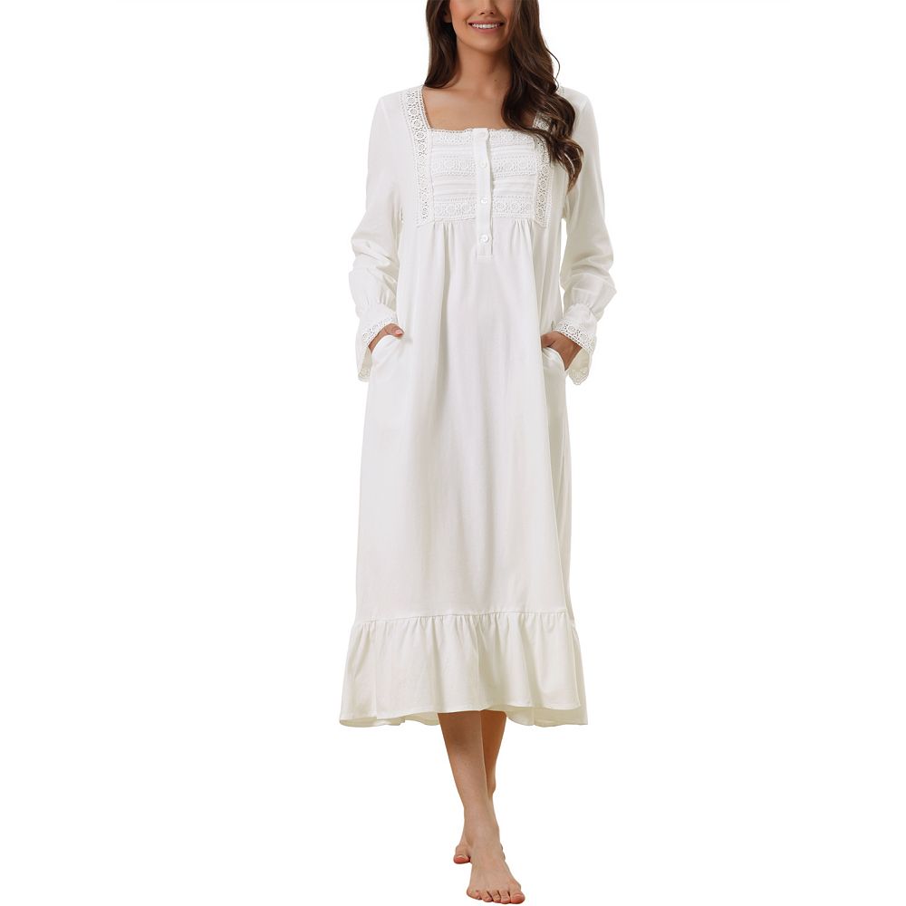 Womens Victorian Nightgown Long Sleeve Ruffle Night Gown Sleepwear with  Pockets