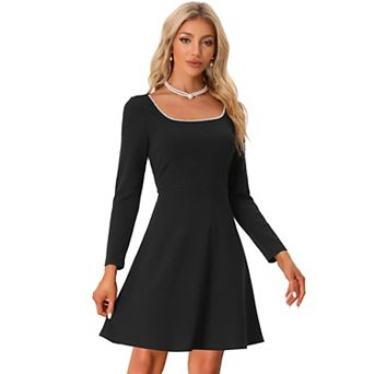 Women's Scoop Neck Beaded Long Sleeve High Waist Elegant Flared Dress